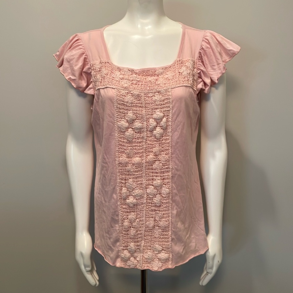 Sundance Boho Blush Pink Cotton Flutter Sleeve Top with Embroidery and Lace L